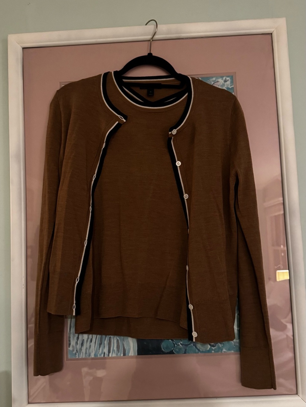 J. Crew Brown Twinset Sweater and Cardigan with Black & White Trim